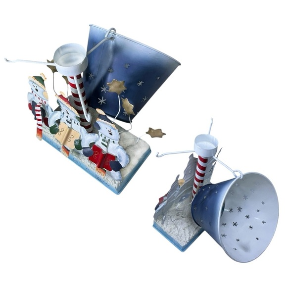 Vintage Tea Light Lamp Snowmen Caroling Pierced Metal Blue Shade Large 12 Inch - Picture 10 of 16